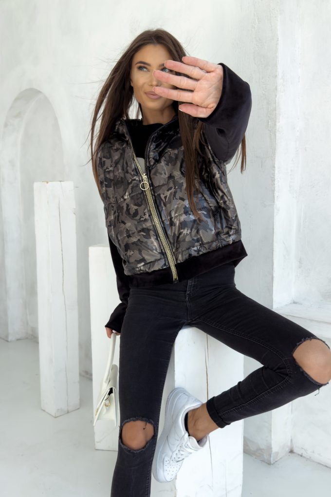 BOMBER kurtka z welurowymi rękawami, brąz moro